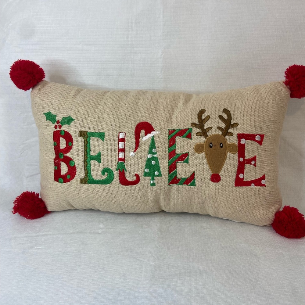 Kirkland Home Christmas Throw Pillow 8” x15” “Believe” Word Art Pom Pom